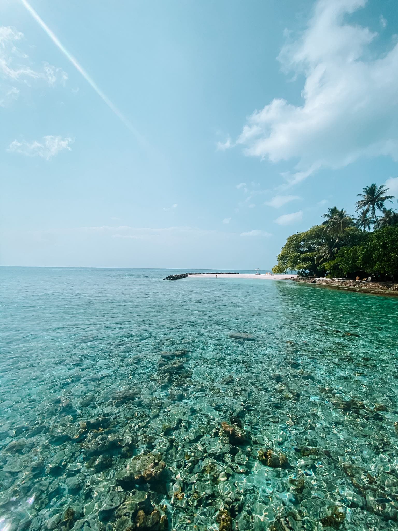 Türkisfarbenes Meer und palmengesäumter Strand auf den Malediven