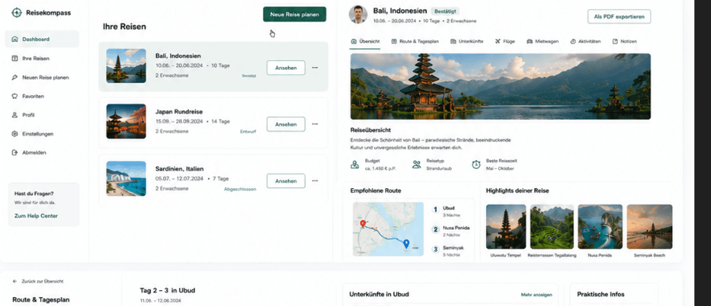 Flanea Dashboard – Übersicht deiner gespeicherten individuellen Reiseplanungen und Urlaubsziele